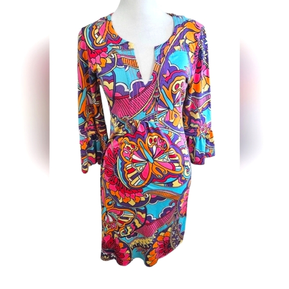 LILLY PULITZER Silk Optical Confusion Mod 70's Butterfly Dress In Size Small. - Picture 1 of 10